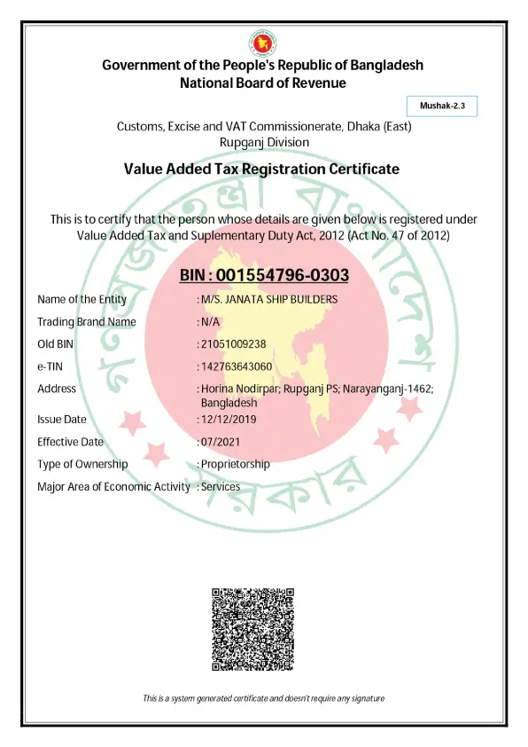 Value Added Tax Registration Certificate